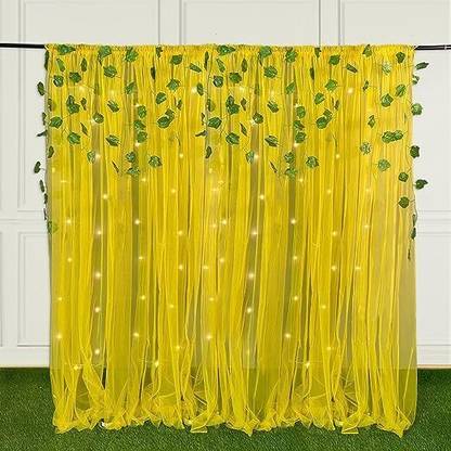 Fun and Flex Yellow Wall Backdrop Combo with Artificial Leaf and Led Light for Decorations