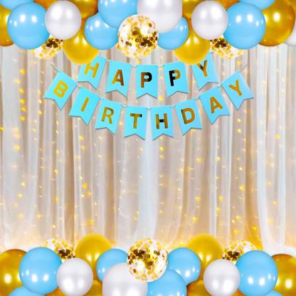 TTimmo4 Light Blue White and Golden With net Curtain for Birthday Decoration Combo Set.