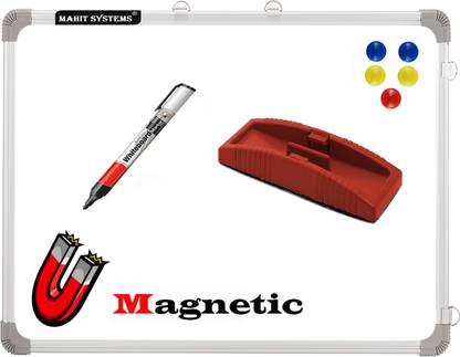 Mahit Systems Magnetic Kunj 2X2 ft. Whiteboard Excellent Erasibility with No Ghost-marks,Sliding Hanging Clips with Robust Aluminium Frame Finishin, High Scratch-resistance and Maximum Readability with Minimum Glare Along with 1 Marker and 1 Magnetic Duster Whiteboard (White) White board