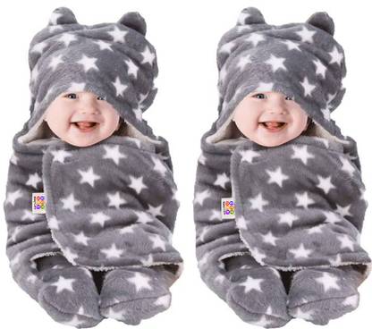 BeyBee Printed Single Hooded Baby Blanket for  Mild Winter