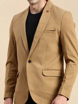 Men Self Design Single Breasted Casual Blazer  (Beige)