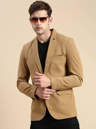 Men Self Design Single Breasted Casual Blazer  (Beige)