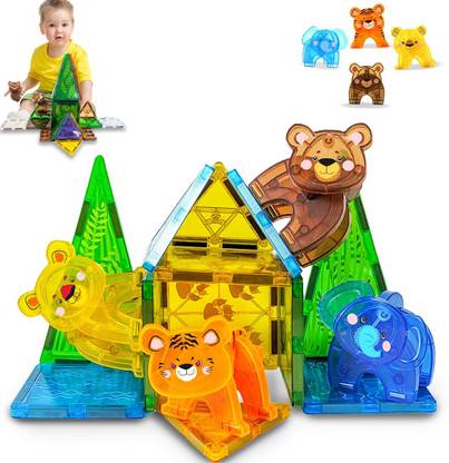 Wembley Magnetic Building Tiles Jungle Safari Construction Set Kids STEM Learning - 27Pc