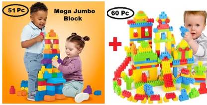 Pureey 2 in 1 Combo 51 pc Mega Jumbo Building Blocks and 60 Pc Medium Building Block