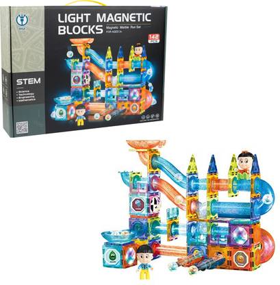 KIDHUT 142 Pcs Lighting Marble Run Race Track 3D Magnetic Tiles Toy Blocks