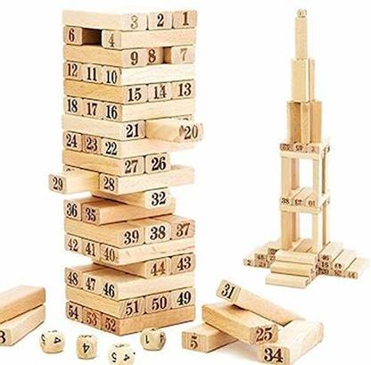 HIM TAX Jenga (Tumbling Tower) 54 pieces Numbered Wooden Blocks with 4 Dices, Stacking Game (Beige)