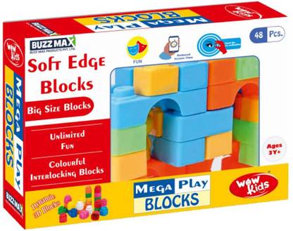 BUZZ MAX Mega Play Blocks - Plastic Building Soft Edge Blocks 48 Pcs + 2 Characters Free