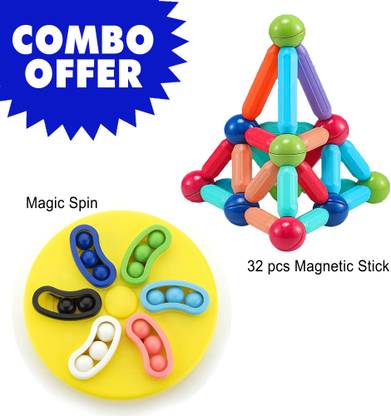 RAINBOW RIDERS Combo Magnetic Sticks 32pcs Building Blocks and Magic Spin Puzzle Games for Kids