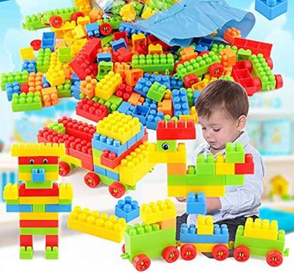 SATSUN ENTERPRISE Building Blocks Smart Activity Train Blocks For Kids 60+pcs (52 Pieces +8 Tyres)
