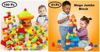 Pureey 2 in 1 Combo 51 pc Mega Jumbo Building Blocks and 100 Pc Medium Building Block