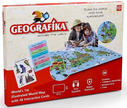 UNIK PLAY Geografika World Map Board Game Geography Map with Cards & Learning Tools Educational Board Games