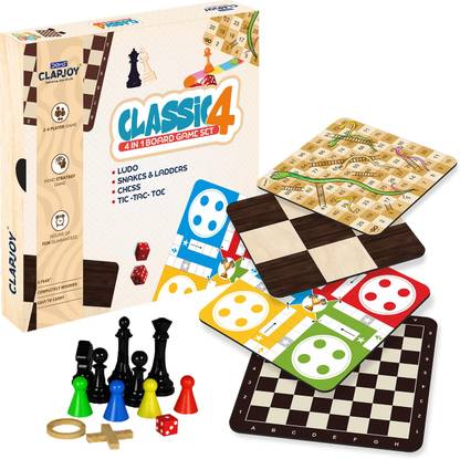 Clapjoy Wooden 4in1 for Kids & Adults|Ludo & Chess|Snake Ladder & Tic Tac Toe Party & Fun Board Game
