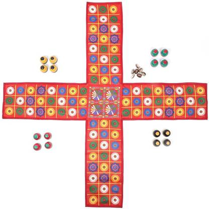 Muren Indian Game Chausar Chopad Chawpar Pashici Ludo - 12 Wooden Tokens, 7 Kawdi/Pasa Party & Fun Board Game