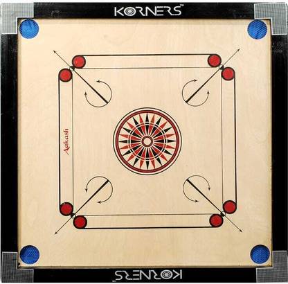 KORNERS Wooden Carrom Board with Round Pockets with Coins, Striker and Powder (26-inch) 70 cm Carrom Board