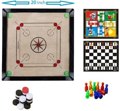 VSM Lazer Samall Size 20 x 20 Inch Small With Chess Board and Ludo + Carrom Coins 51 cm Carrom Board