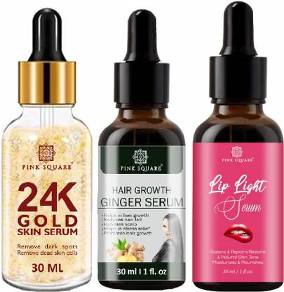 Pink Square 24K Gold Face, Hair Growth Ginger & Lip Light Serum (Each,30ml) Combo of 3