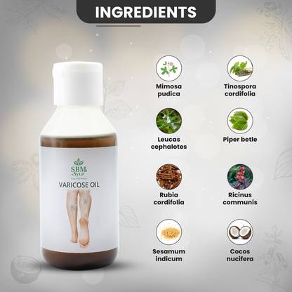 SBM Ayur Varicose oil reduces inflammation, edema & swellings there by reducing size of the vein