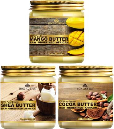 Bon Austin Pure and Natural Shea Butter, Cocoa Butter & Mango Butter - RAW, UNREFINED & AFRICAN- For Moisturization of Body and Skin Combo Pack 3 Jars of 100 gms(300 gms)