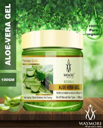 WAYMORE 100% Pure And Natural Aloe Vera Gel With Cucumber and Neem extracts For Healthy, Young, Radiant Skin - Deep Moisturiser & Anti Tanning Gel- 100 ML