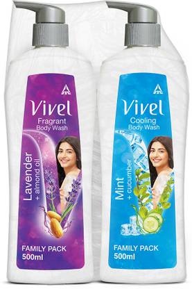 Vivel Body Wash, Lavender & Almond Oil, Mint & Cucumber, Shower Creme, Pump, Combo  (2 x 500 ml) at Rs. 240