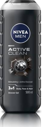 NIVEA Active Clean Shower Gel for Body, Face & Hair, with Active Charcoal for Men