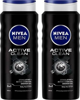 NIVEA Active Clean Body Wash Combo for Body, Face & Hair, Active Charcoal Cleanser