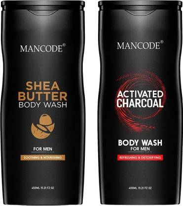 MANCODE Shea Butter and Activated Charcoal Body Wash, 450ml each, PACK OF 2