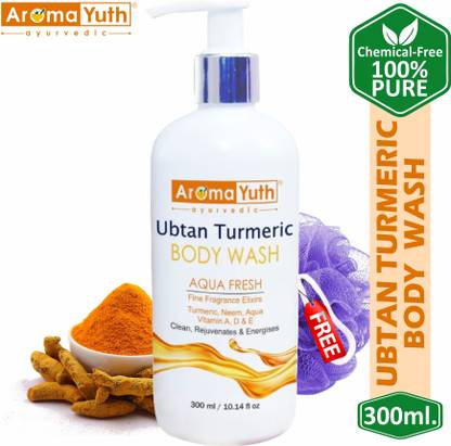 AromaYuth Aqua Fresh Ubtan Turmeric Body Wash - With Sandalwood, Neem, Aloe-Vera & Vitamin A, D, E And Loofah