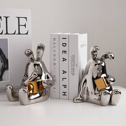 Silver Martini Reading Rabbit Bookends-Electroplating Silver Porcelain Book End