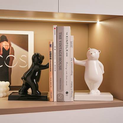 Silver Martini Push Bear Set - Gold Black & White Porcelain Book End