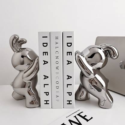 Silver Martini Dumbo Bookends Set- Silver Plating Ceramic Book End