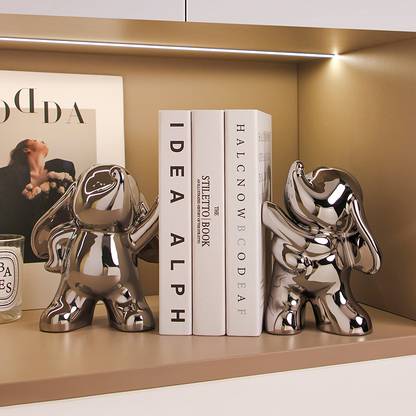 Silver Martini Push Rabbit Bookends - (Silver Plating With Hanging Ears and Verticals Ears) Porcelain Book End