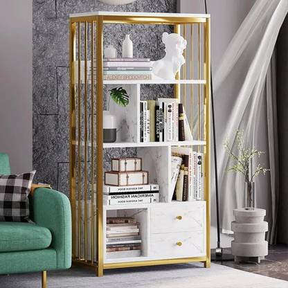 NG Decor Modern White Bookshelf Wood Book Shelf with 2 Drawers in Gold Metal Frame Engineered Wood Semi-Open Book Shelf