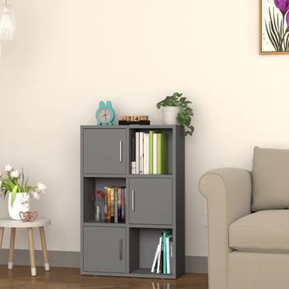 FunTree Modern 6-Cube Storage Bookshelf Cabinet with 3 Door for Living Room or Office Engineered Wood Semi-Open Book Shelf