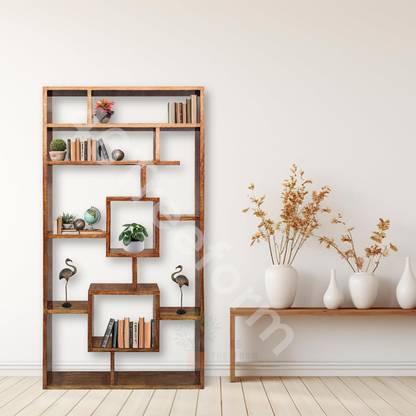 TreeTreasure Modern Wooden Geometric Bookcase | 6ft Tall | Open Display Unit | Room Shelf Solid Wood Open Book Shelf