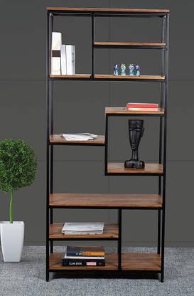 FURINNO Solid Acacia Wood Book Shelf Metal Frame Book Case Display Unit Solid Wood Open Book Shelf