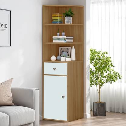 KAWACHI Woodit Corner Bookshelf Storage Cabinet Display Book Rack Shelves with Drawer Engineered Wood Semi-Open Book Shelf