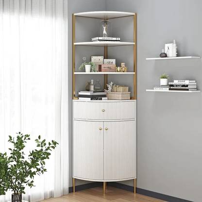 NG Decor Modern White Etagere Corner Bookshelf 1 Drawer & 2 Doors Wooden Tall Bookcase Engineered Wood Semi-Open Book Shelf