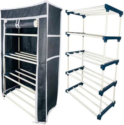 TURBOMAX 4Tiers Book Shelf Plastic Rack With Cover Wardrobe Portable Multipurpose Folding Plastic Open Book Shelf