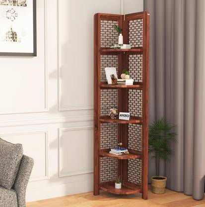 AakroCrafts Sheesham Wood Brick Corner Shelf for Living Room Bedroom/5 Tier Corner Bookshelf Solid Wood Open Book Shelf