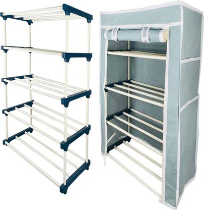 QUARCK 4Tiers Book Shelf Plastic Rack With Cover Wardrobe Portable Multipurpose Folding Plastic Open Book Shelf