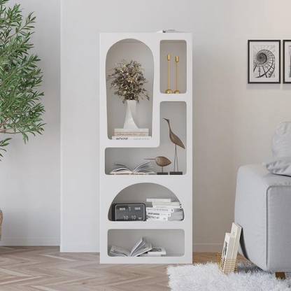 NG Decor 59.1" Art Deco White Arched Bookcase Tall Open Geometric Japandi Bookshelf Wood Engineered Wood Open Book Shelf