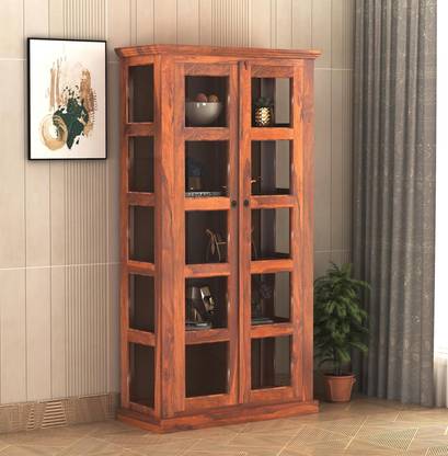 GARGHANDICRAFTS Wood Bookcase/Crockery Cabinet with Glass Door for Home/Library/Kitchen Solid Wood Close Book Shelf