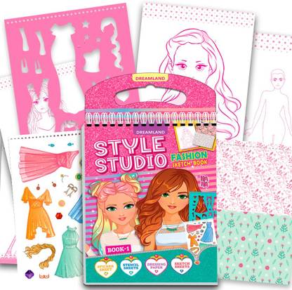 Style Studio Fashion Sketch Activity Book 1 for Girls Age 4-8 years– Creative Design Kit with Sticker Sheets, Stencil Sheets, Dressing Paper & Sketch Pages | Fun DIY Activity Book  - With 48 Pages