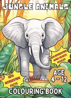 Jungle Animals Colouring book (B&W)  - Jungle Animals Coloring Book with interesting Animal Facts and Tricky Word Search puzzles for kids Age 4 - 12