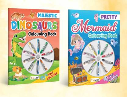 Pretty Mermaid Colouring Book & Majestic Dinosaur Colouring Book With Crayons | Combo of 2 | Mermaid Magic & Dino Discovery Coloring Set