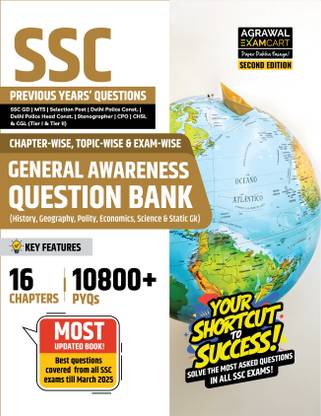 Examcart SSC General Awareness Question Bank | Chapterwise, Typewise & Examwise Solved Papers | 16 Chapters & 10800+ PYQs Till March 2025 | Covered SSC CGL, CPO, CHSL, MTS, GD, Delhi Police, Steno & More Exams 2025 (English)