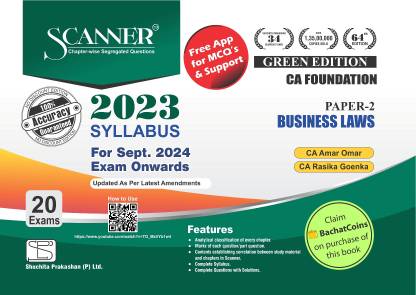 Business Laws (Paper 2 | CA Foundation) Scanner - Including questions and solutions | 2023 Syllabus | Applicable for September 2024 Exam | Green Edition