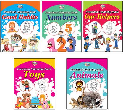 Preschool Colouring Books for Kids (Set of 5 Books) Copy Colouring Books | Good Habits | Numbers | Helpers | Toys | Animals