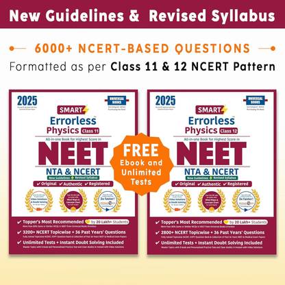 Errorless Physics NEET Class 11 & 12 (2025) - NCERT Based | 6000+ NCERT & New Pattern Questions | 36 Past Years Papers | Revised Syllabus | Free E-Book, Unlimited Test - Universal Books  - Smart Errorless Physics NEET Class 11 & 12